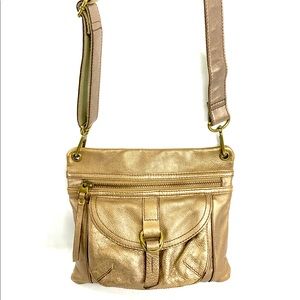 Fossil Gold Metallic Leather Small Crossbody Bag Purse Brass Buckle Key Charm